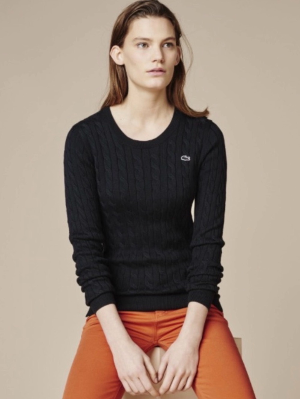 Lacoste Black Cable-Knit Crewneck Sweater